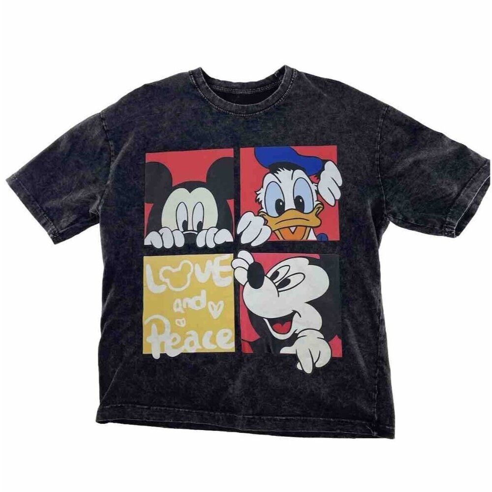 Disney Mickey Donald Peekaboo Washed Black‎ T-Shirt See Measurements